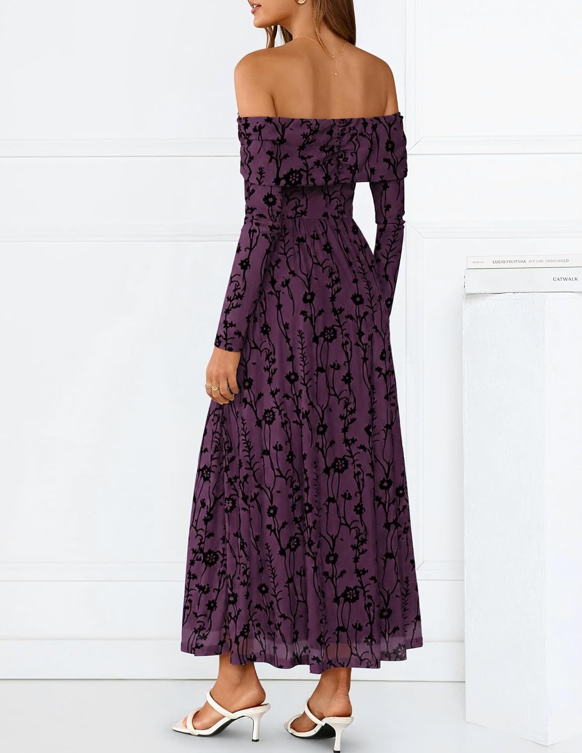 image:imageZESICA Womens 2026 Fall Floral Wedding Guest Off the Shoulder Maxi Dresses Long Sleeve Soft Mesh Fabric Lined A Line Flowy High Waisted Wedding Guest Cocktail Party Formal Elegant Long DressDarkpurple