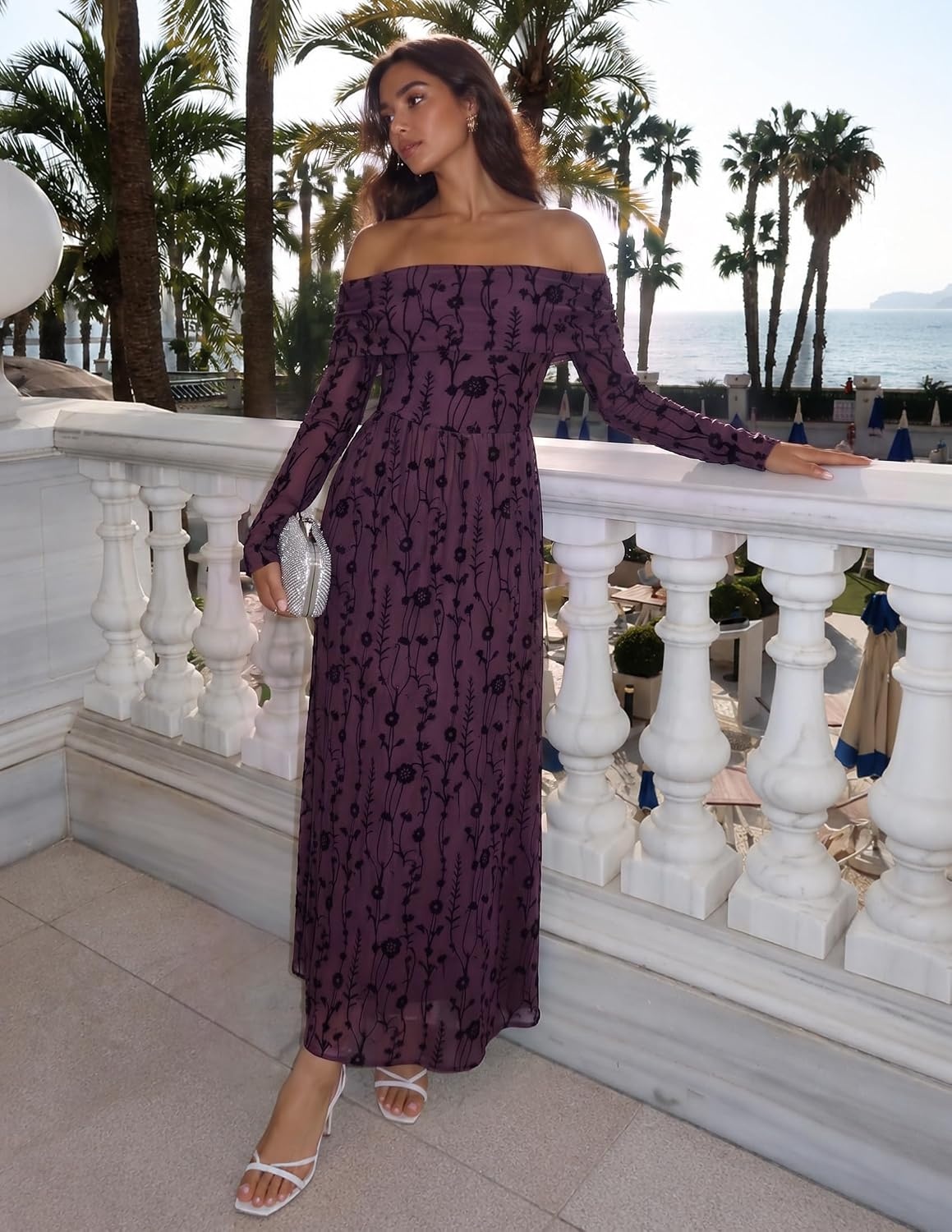image:imageZESICA Womens 2026 Fall Floral Wedding Guest Off the Shoulder Maxi Dresses Long Sleeve Soft Mesh Fabric Lined A Line Flowy High Waisted Wedding Guest Cocktail Party Formal Elegant Long DressDarkpurple