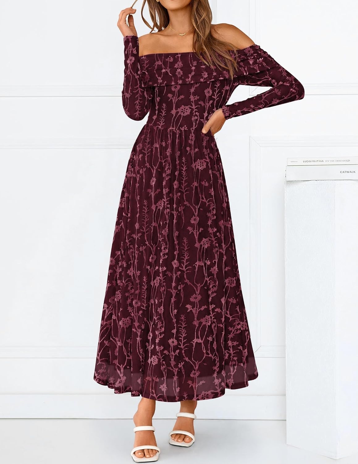 image:imageZESICA Womens 2026 Fall Floral Wedding Guest Off the Shoulder Maxi Dresses Long Sleeve Soft Mesh Fabric Lined A Line Flowy High Waisted Wedding Guest Cocktail Party Formal Elegant Long DressWine