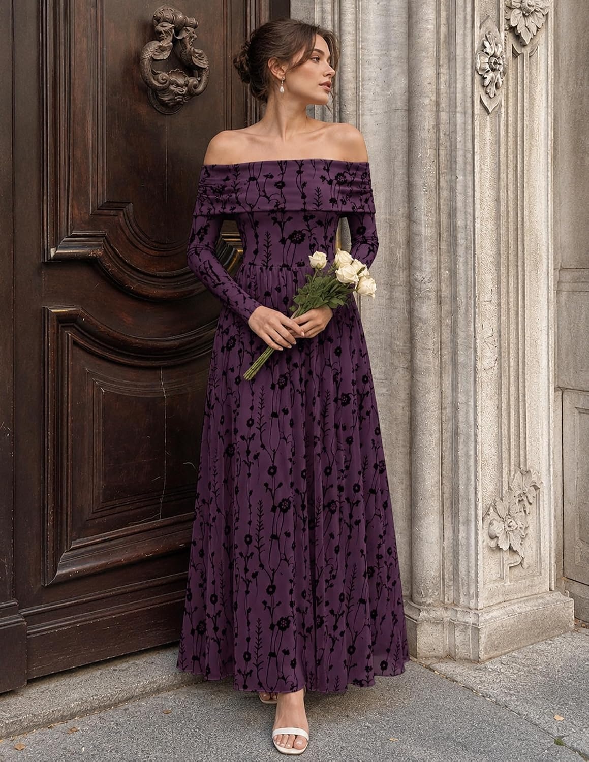 image:imageZESICA Womens 2026 Fall Floral Wedding Guest Off the Shoulder Maxi Dresses Long Sleeve Soft Mesh Fabric Lined A Line Flowy High Waisted Wedding Guest Cocktail Party Formal Elegant Long DressDarkpurple