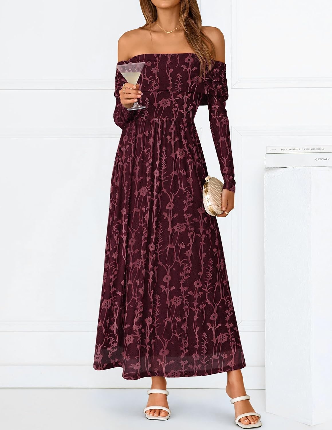image:imageZESICA Womens 2026 Fall Floral Wedding Guest Off the Shoulder Maxi Dresses Long Sleeve Soft Mesh Fabric Lined A Line Flowy High Waisted Wedding Guest Cocktail Party Formal Elegant Long DressWine