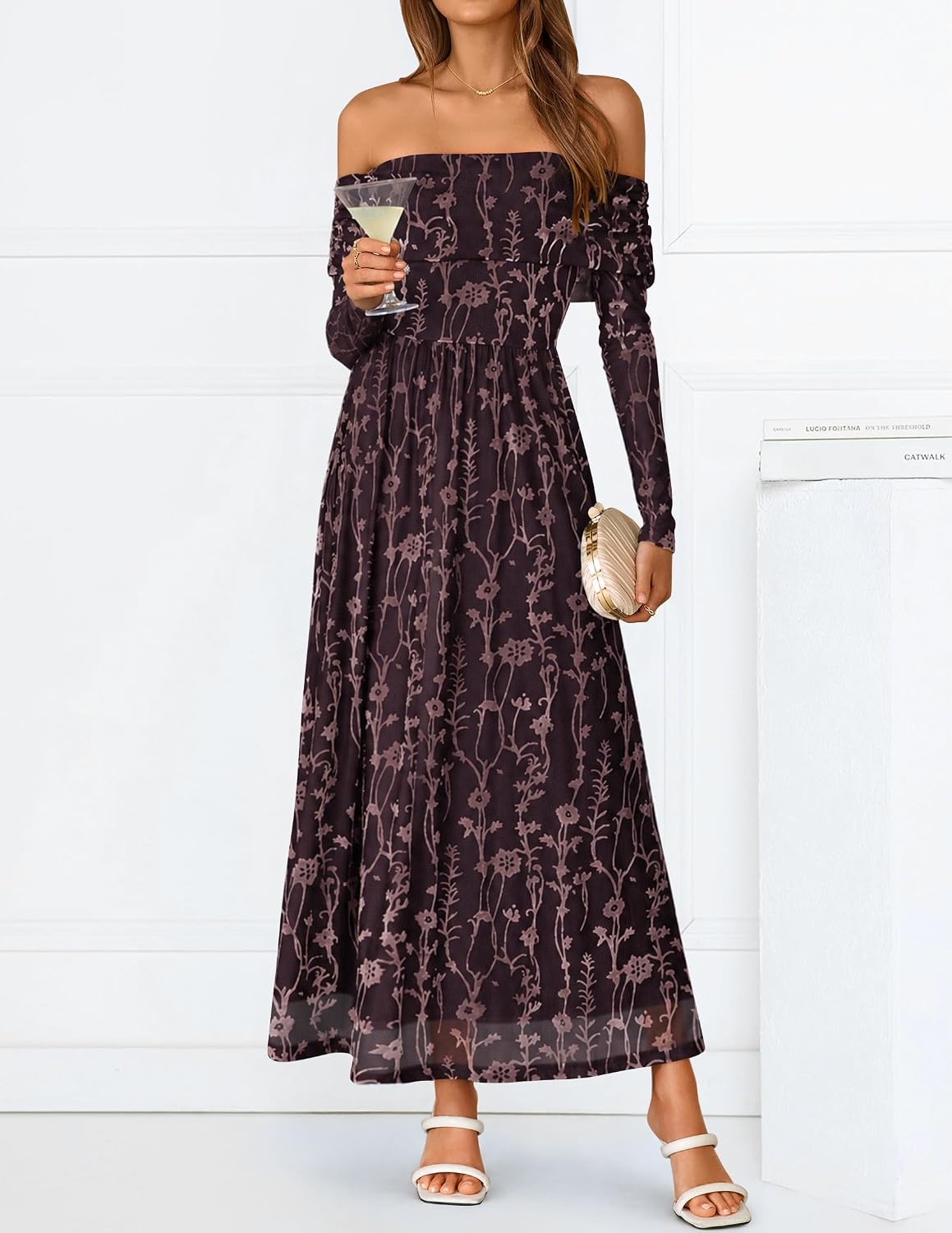 image:imageZESICA Womens 2026 Fall Floral Wedding Guest Off the Shoulder Maxi Dresses Long Sleeve Soft Mesh Fabric Lined A Line Flowy High Waisted Wedding Guest Cocktail Party Formal Elegant Long DressTanpurple