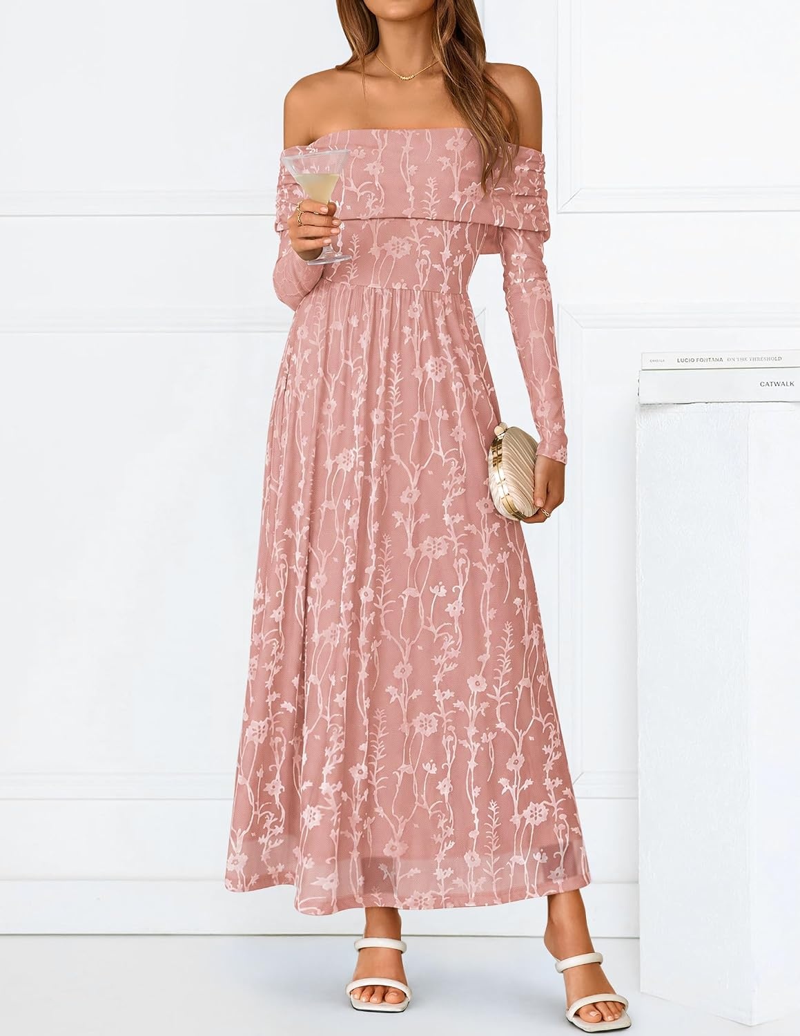 image:imageZESICA Womens 2026 Fall Floral Wedding Guest Off the Shoulder Maxi Dresses Long Sleeve Soft Mesh Fabric Lined A Line Flowy High Waisted Wedding Guest Cocktail Party Formal Elegant Long DressPink