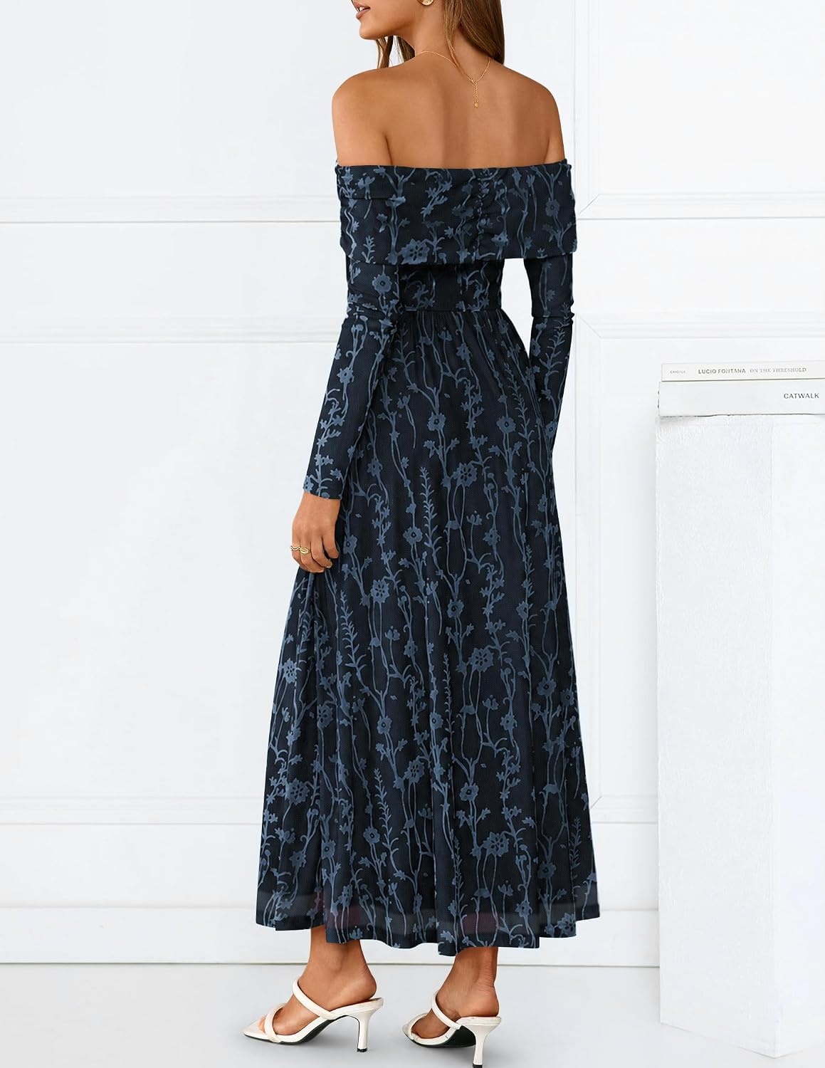 image:imageZESICA Womens 2026 Fall Floral Wedding Guest Off the Shoulder Maxi Dresses Long Sleeve Soft Mesh Fabric Lined A Line Flowy High Waisted Wedding Guest Cocktail Party Formal Elegant Long DressNavy