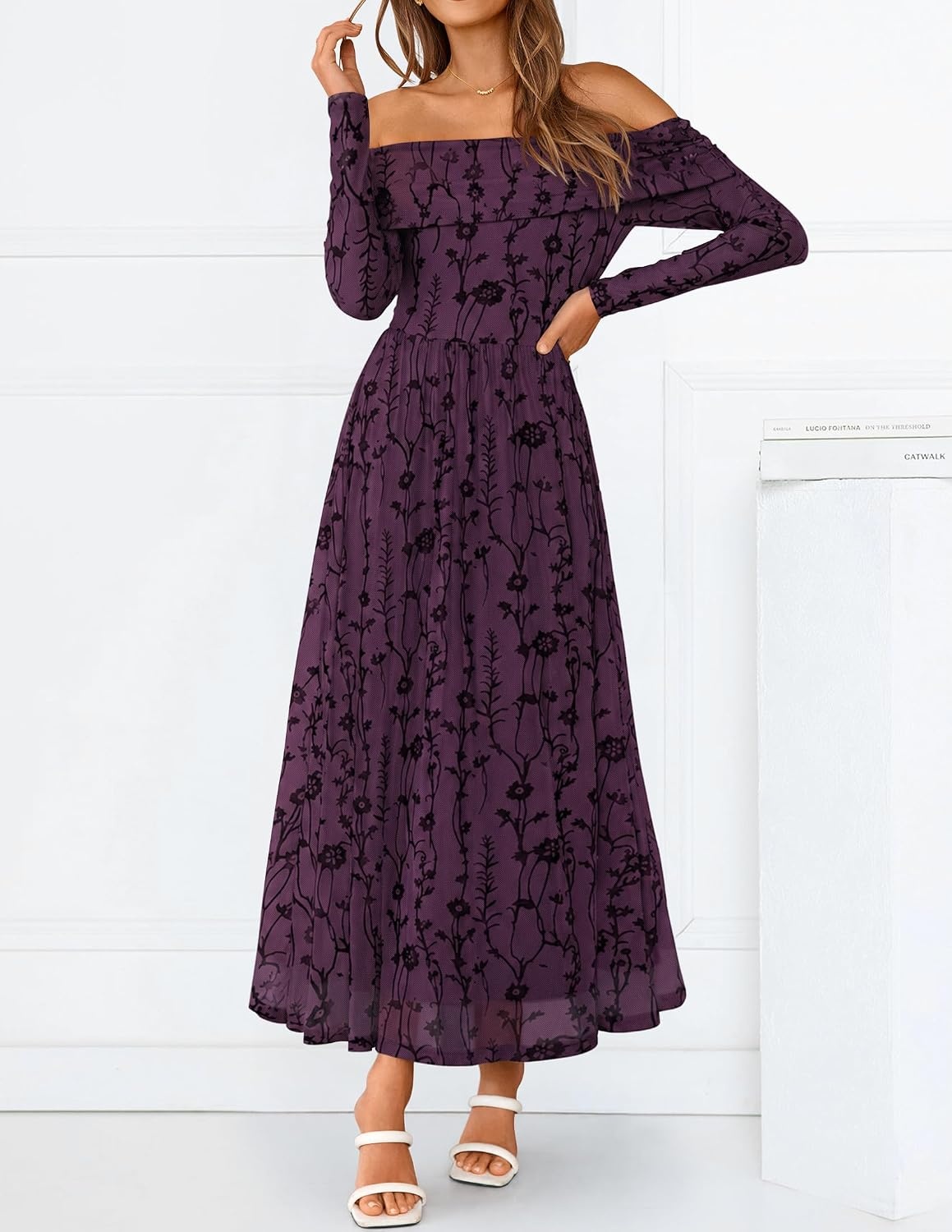 image:imageZESICA Womens 2026 Fall Floral Wedding Guest Off the Shoulder Maxi Dresses Long Sleeve Soft Mesh Fabric Lined A Line Flowy High Waisted Wedding Guest Cocktail Party Formal Elegant Long DressDarkpurple