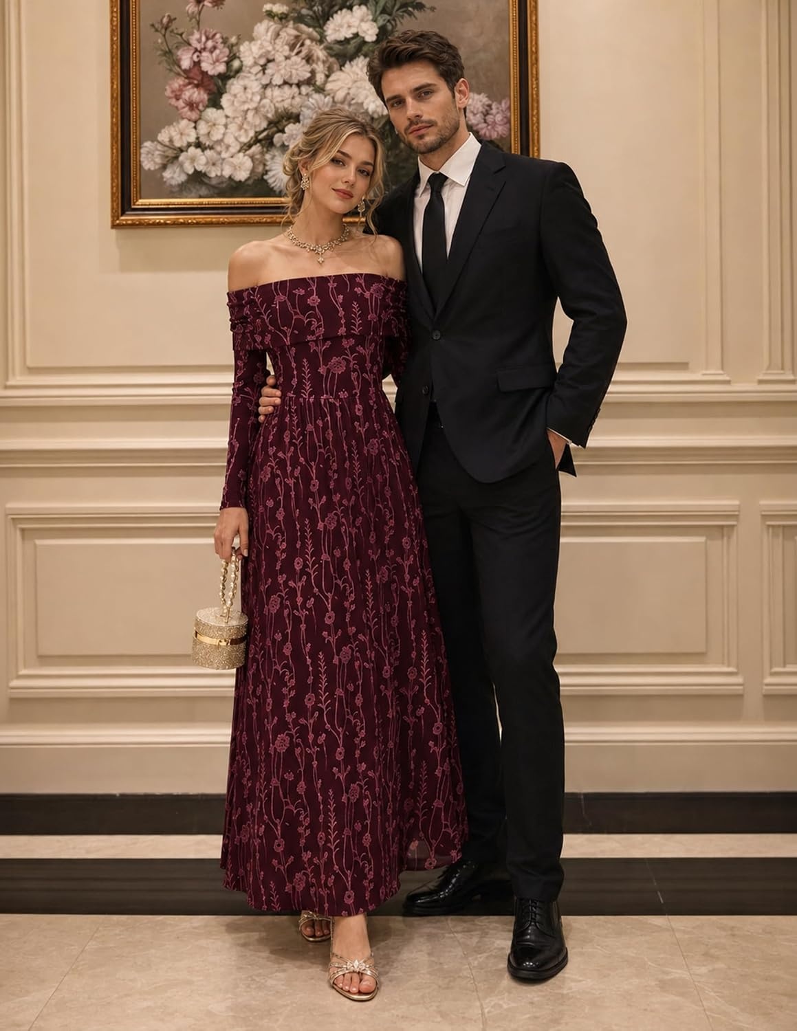 image:imageZESICA Womens 2026 Fall Floral Wedding Guest Off the Shoulder Maxi Dresses Long Sleeve Soft Mesh Fabric Lined A Line Flowy High Waisted Wedding Guest Cocktail Party Formal Elegant Long DressWine