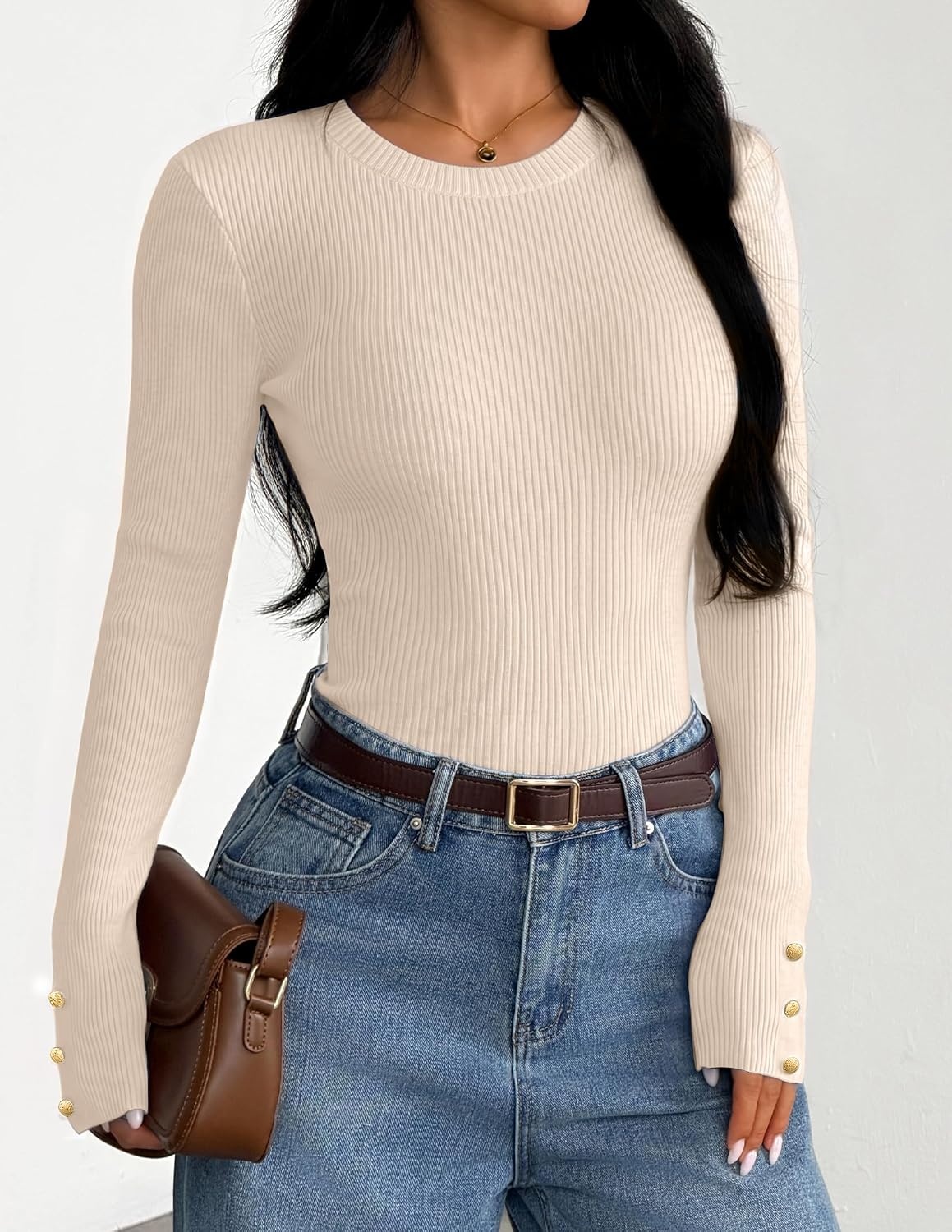 image:imageZESICA Womens Long Sleeve Button Soft Knit Pullover Sweaters Crew Neck Slim Fitted Decorative Buttons Business Casual Tops Office Work 2026 Early Fall Fashion ClothingApricot