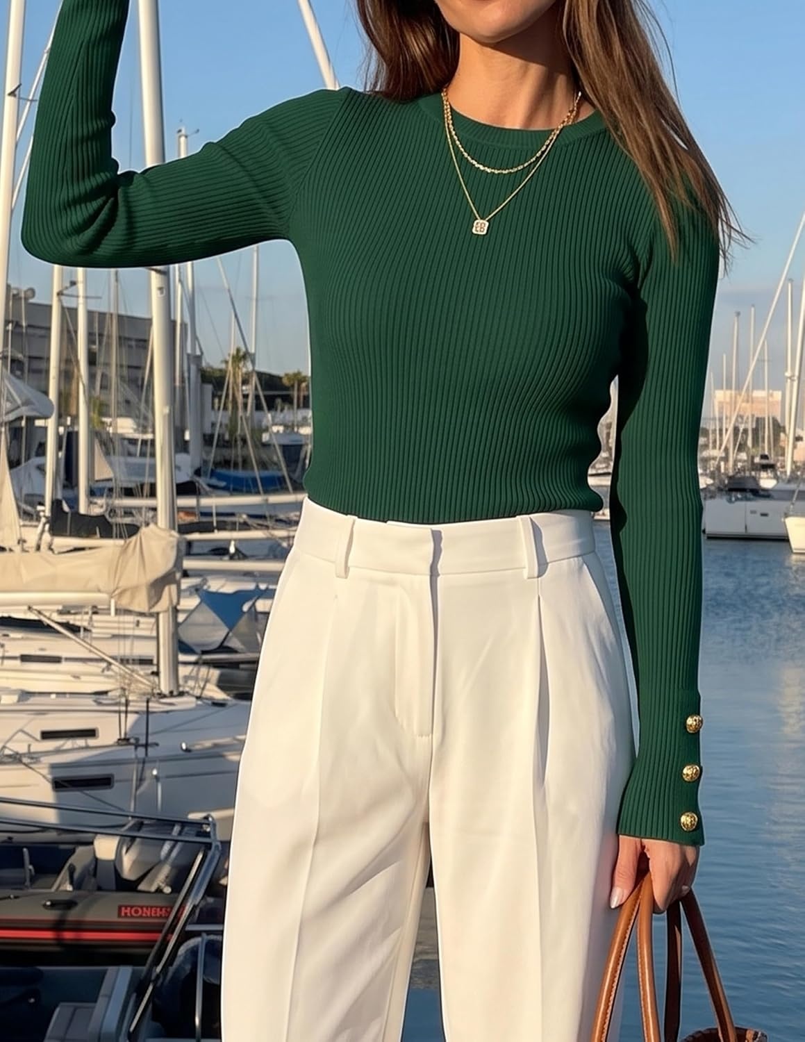 image:imageZESICA Womens Long Sleeve Button Soft Knit Pullover Sweaters Crew Neck Slim Fitted Decorative Buttons Business Casual Tops Office Work 2026 Early Fall Fashion ClothingDarkgreen