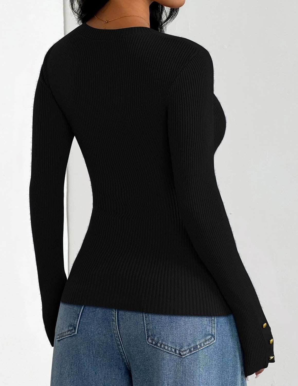 image:imageZESICA Womens Long Sleeve Button Soft Knit Pullover Sweaters Crew Neck Slim Fitted Decorative Buttons Business Casual Tops Office Work 2026 Early Fall Fashion ClothingBlack