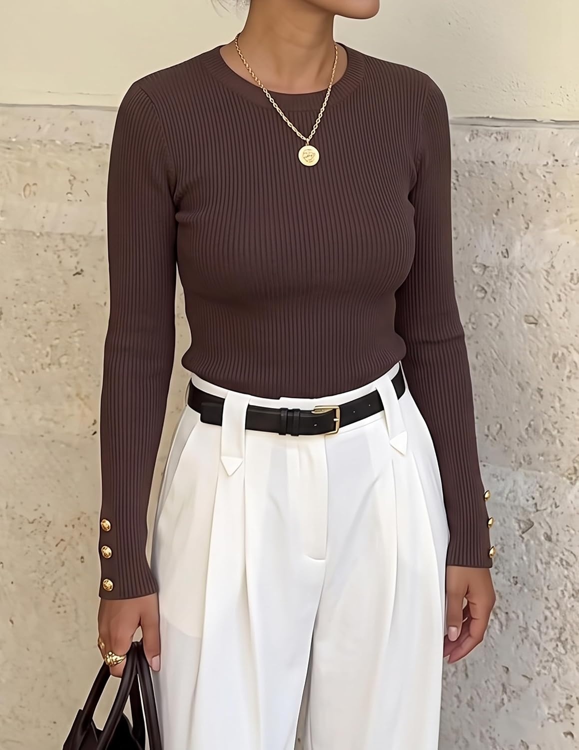 image:imageZESICA Womens Long Sleeve Button Soft Knit Pullover Sweaters Crew Neck Slim Fitted Decorative Buttons Business Casual Tops Office Work 2026 Early Fall Fashion ClothingTaupe