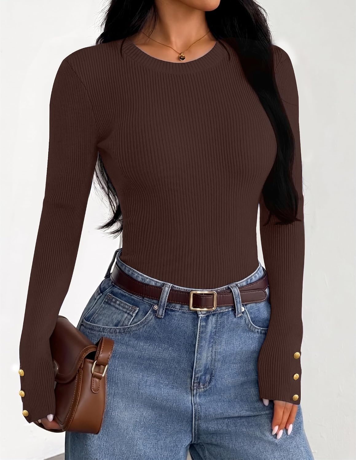 image:imageZESICA Womens Long Sleeve Button Soft Knit Pullover Sweaters Crew Neck Slim Fitted Decorative Buttons Business Casual Tops Office Work 2026 Early Fall Fashion ClothingTaupe