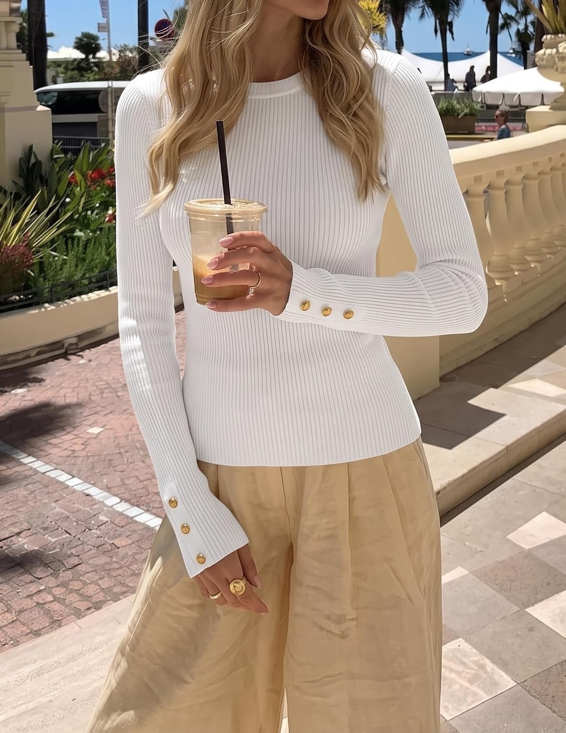 image:imageZESICA Womens Long Sleeve Button Soft Knit Pullover Sweaters Crew Neck Slim Fitted Decorative Buttons Business Casual Tops Office Work 2026 Early Fall Fashion ClothingWhite