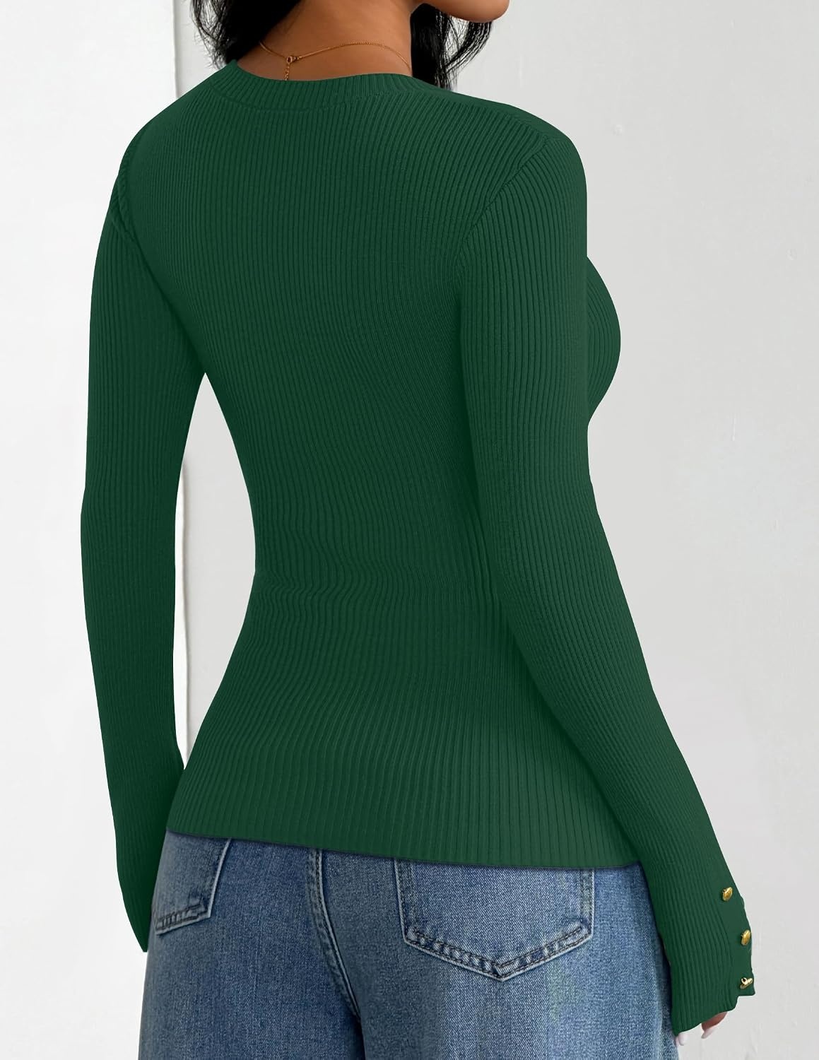 image:imageZESICA Womens Long Sleeve Button Soft Knit Pullover Sweaters Crew Neck Slim Fitted Decorative Buttons Business Casual Tops Office Work 2026 Early Fall Fashion ClothingDarkgreen