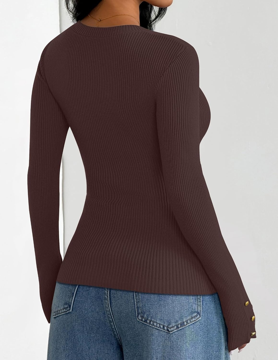 image:imageZESICA Womens Long Sleeve Button Soft Knit Pullover Sweaters Crew Neck Slim Fitted Decorative Buttons Business Casual Tops Office Work 2026 Early Fall Fashion ClothingTaupe
