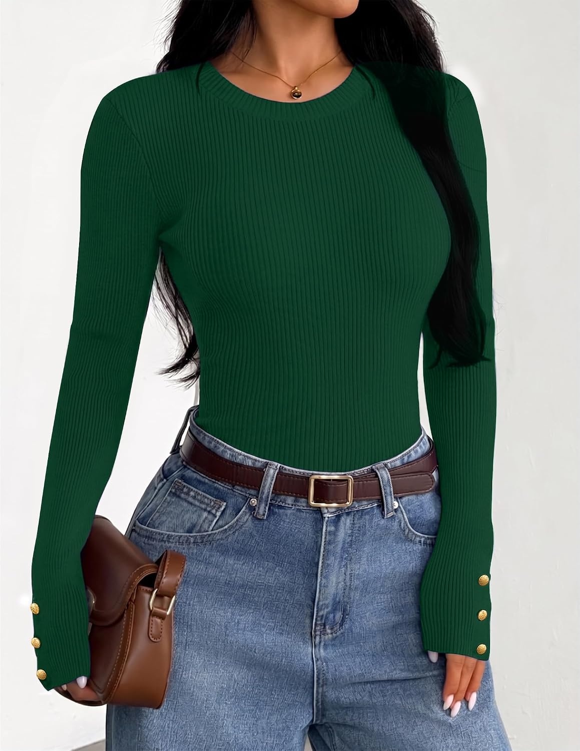 image:imageZESICA Womens Long Sleeve Button Soft Knit Pullover Sweaters Crew Neck Slim Fitted Decorative Buttons Business Casual Tops Office Work 2026 Early Fall Fashion ClothingDarkgreen