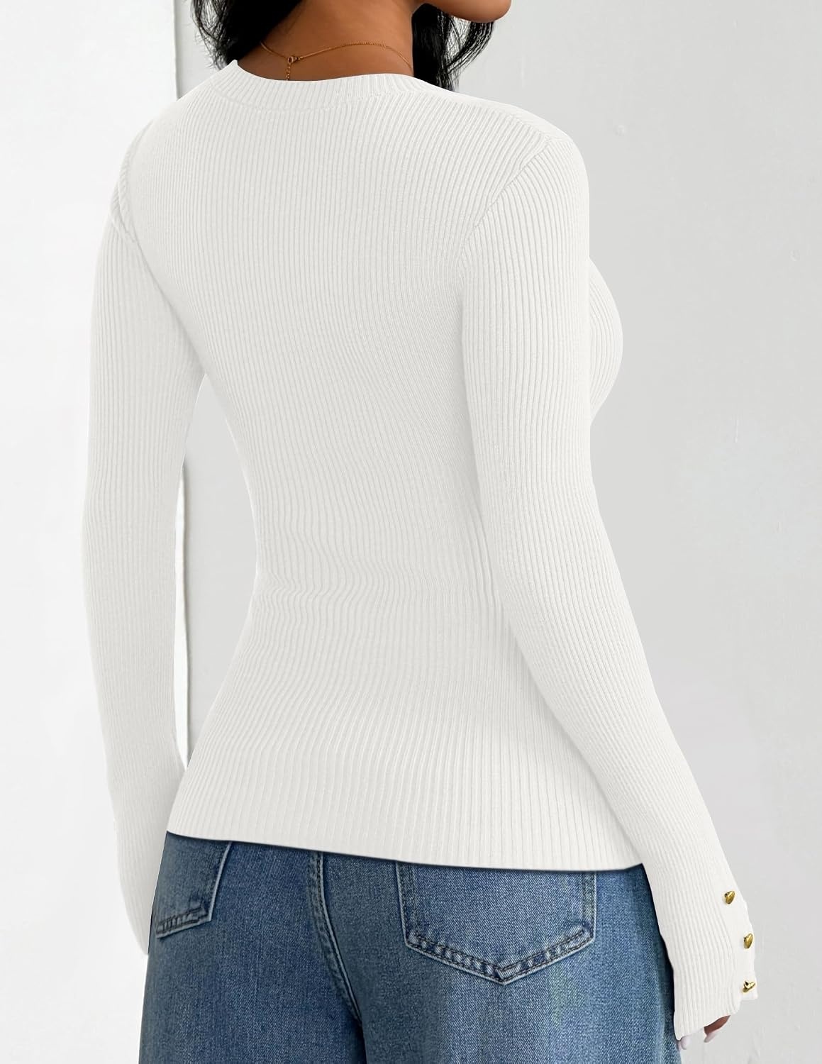 image:imageZESICA Womens Long Sleeve Button Soft Knit Pullover Sweaters Crew Neck Slim Fitted Decorative Buttons Business Casual Tops Office Work 2026 Early Fall Fashion ClothingWhite