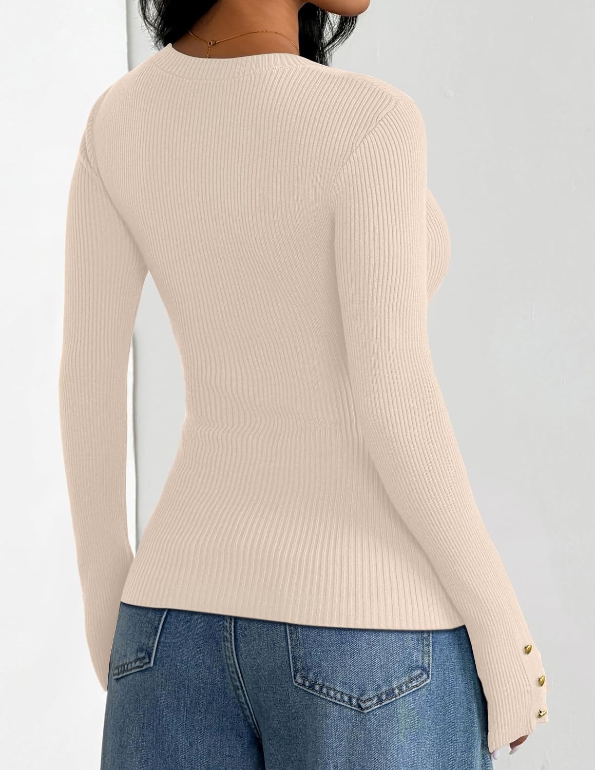 image:imageZESICA Womens Long Sleeve Button Soft Knit Pullover Sweaters Crew Neck Slim Fitted Decorative Buttons Business Casual Tops Office Work 2026 Early Fall Fashion ClothingApricot
