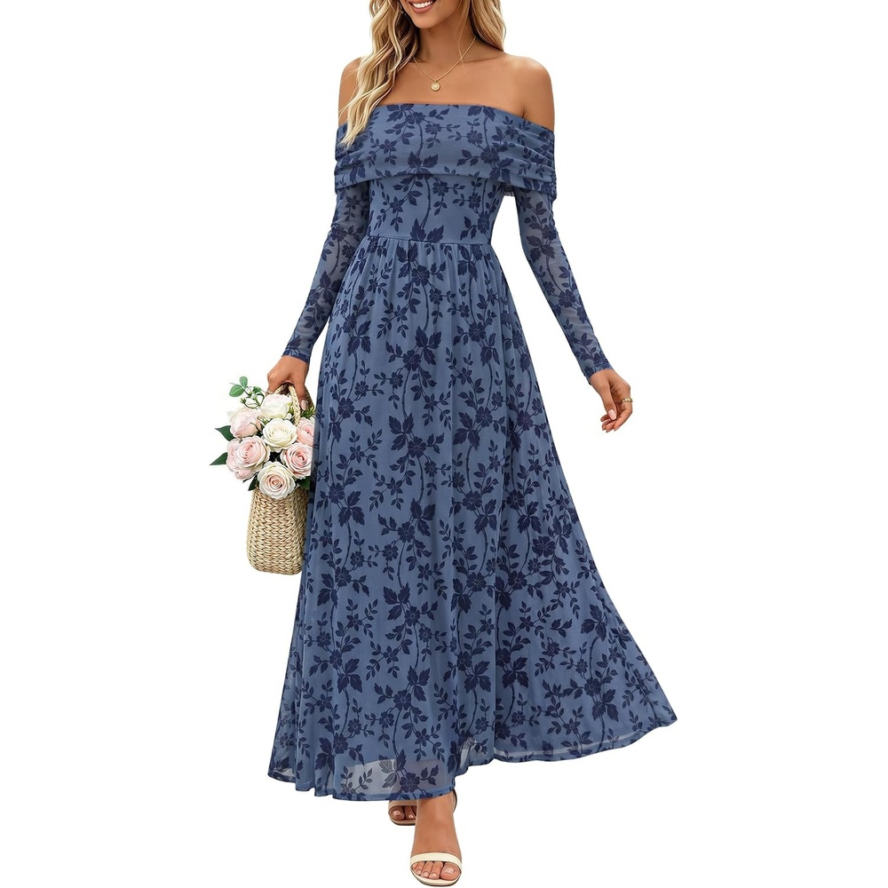 image:imageZESICA Womens 2026 Fall Floral Wedding Guest Off the Shoulder Maxi Dresses Long Sleeve Soft Mesh Fabric Lined A Line Flowy High Waisted Wedding Guest Cocktail Party Formal Elegant Long DressDustyblue