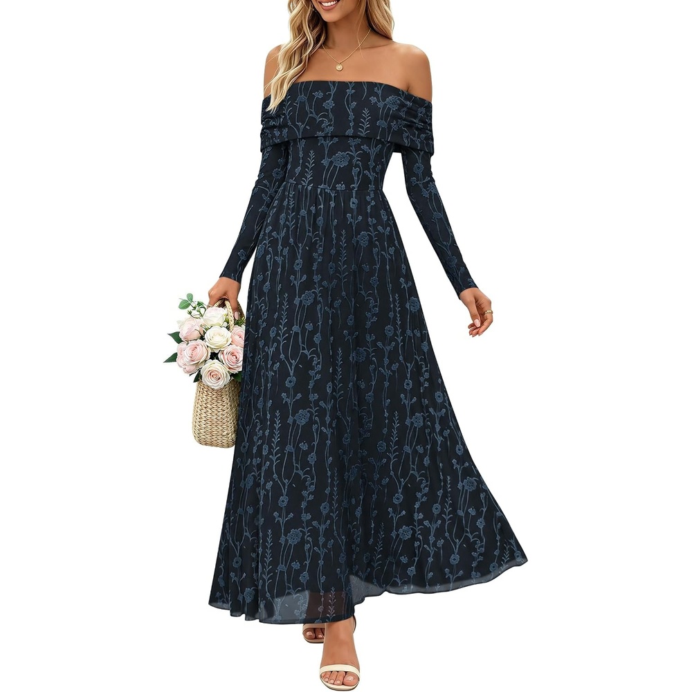 image:imageZESICA Womens 2026 Fall Floral Wedding Guest Off the Shoulder Maxi Dresses Long Sleeve Soft Mesh Fabric Lined A Line Flowy High Waisted Wedding Guest Cocktail Party Formal Elegant Long DressNavy