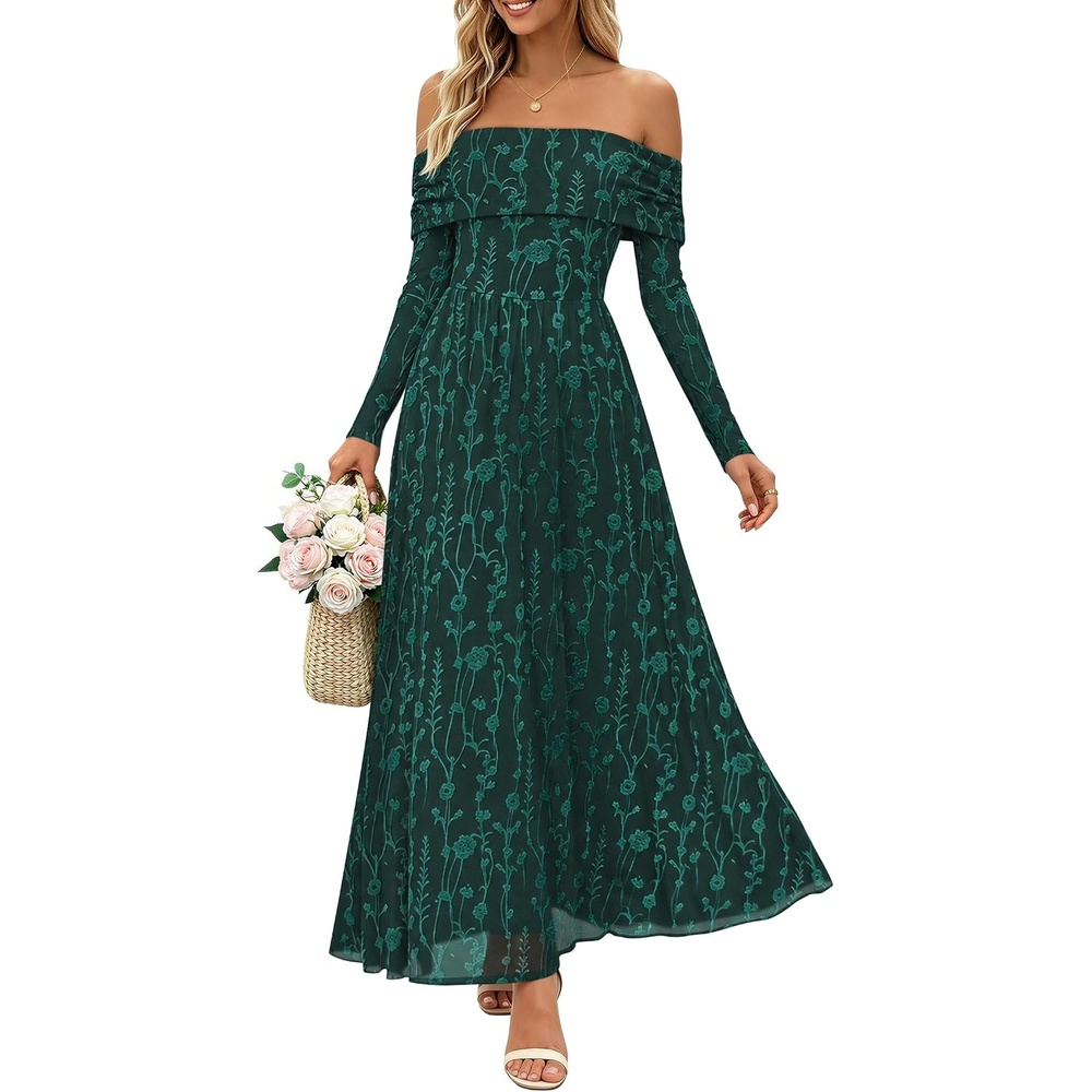 image:imageZESICA Womens 2026 Fall Floral Wedding Guest Off the Shoulder Maxi Dresses Long Sleeve Soft Mesh Fabric Lined A Line Flowy High Waisted Wedding Guest Cocktail Party Formal Elegant Long DressGreen