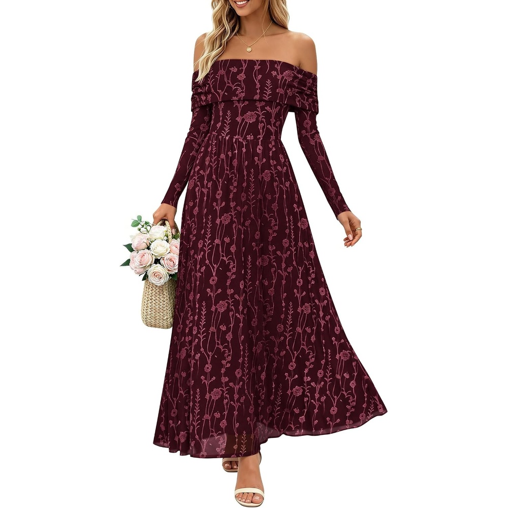 image:imageZESICA Womens 2026 Fall Floral Wedding Guest Off the Shoulder Maxi Dresses Long Sleeve Soft Mesh Fabric Lined A Line Flowy High Waisted Wedding Guest Cocktail Party Formal Elegant Long DressWine