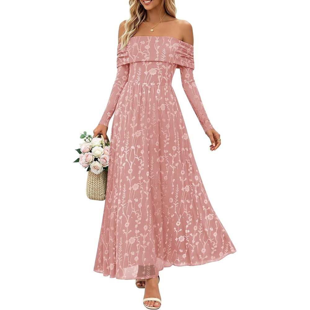 image:imageZESICA Womens 2026 Fall Floral Wedding Guest Off the Shoulder Maxi Dresses Long Sleeve Soft Mesh Fabric Lined A Line Flowy High Waisted Wedding Guest Cocktail Party Formal Elegant Long DressPink