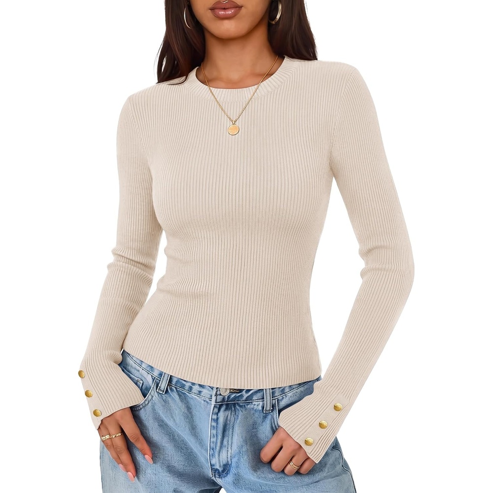 image:imageZESICA Womens Long Sleeve Button Soft Knit Pullover Sweaters Crew Neck Slim Fitted Decorative Buttons Business Casual Tops Office Work 2026 Early Fall Fashion ClothingApricot