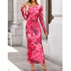 ZESICA Womens Long Sleeve Floral Side Slit Bodycon Maxi Dresses | Crewneck, Slim Fit Ruched, Lined, Mesh, 2026 Fall Boho Trendy, Formal Wedding Guest Cocktail Party, Casual Going Out Vacation(Rose)