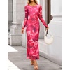 ZESICA Womens Long Sleeve Floral Side Slit Bodycon Maxi Dresses | Crewneck, Slim Fit Ruched, Lined, Mesh, 2026 Fall Boho Trendy, Formal Wedding Guest Cocktail Party, Casual Going Out Vacation(Rose)