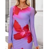 ZESICA Womens Long Sleeve Floral Side Slit Bodycon Maxi Dresses | Crewneck, Slim Fit Ruched, Lined, Mesh, 2026 Fall Boho Trendy, Formal Wedding Guest Cocktail Party, Casual Going Out Vacation(Violets)