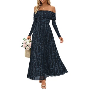 ZESICA Womens 2026 Fall Floral Wedding Guest Off the Shoulder Maxi Dresses | Long Sleeve, Soft Mesh Fabric Lined, A Line Flowy, High Waisted, Wedding Guest, Cocktail Party, Formal Elegant, Long Dress(Navy)