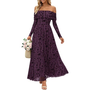 ZESICA Womens 2026 Fall Floral Wedding Guest Off the Shoulder Maxi Dresses | Long Sleeve, Soft Mesh Fabric Lined, A Line Flowy, High Waisted, Wedding Guest, Cocktail Party, Formal Elegant, Long Dress(Darkpurple)