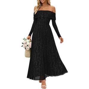 ZESICA Womens 2026 Fall Floral Wedding Guest Off the Shoulder Maxi Dresses | Long Sleeve, Soft Mesh Fabric Lined, A Line Flowy, High Waisted, Wedding Guest, Cocktail Party, Formal Elegant, Long Dress(Black)
