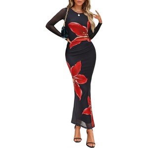 ZESICA Womens Long Sleeve Floral Side Slit Bodycon Maxi Dresses | Crewneck, Slim Fit Ruched, Lined, Mesh, 2026 Fall Boho Trendy, Formal Wedding Guest Cocktail Party, Casual Going Out Vacation(Black)