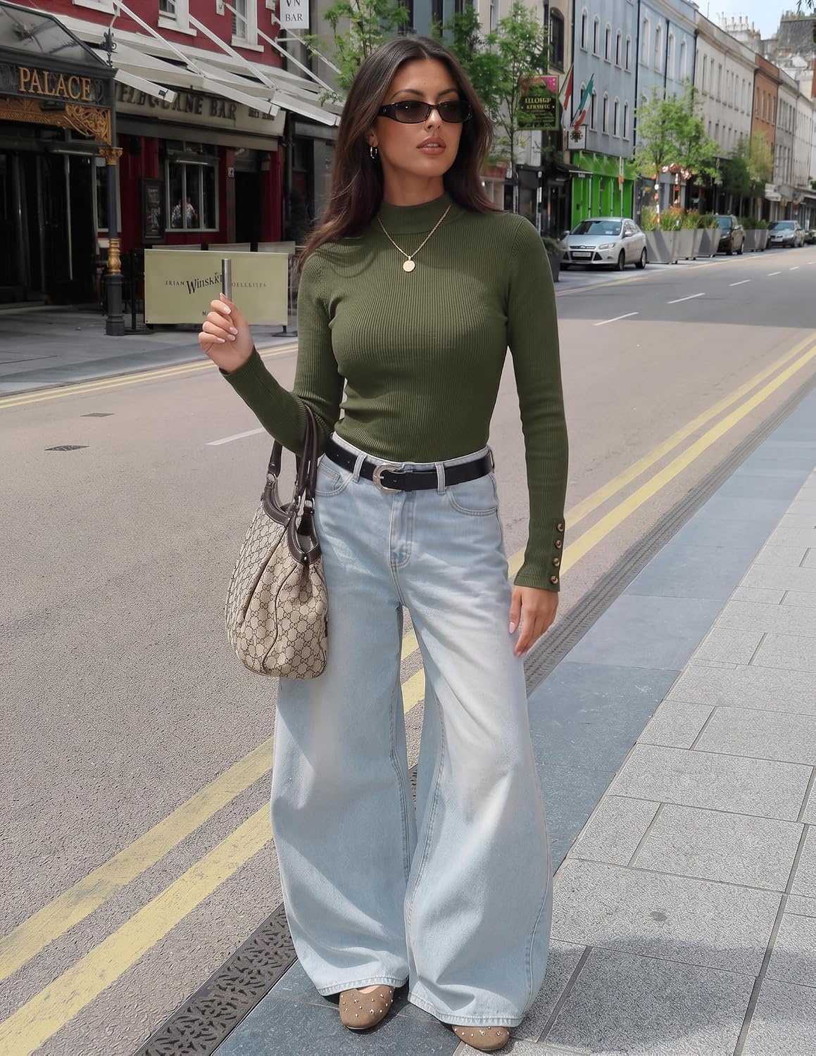image:imageZESICA Womens Fall Long Sleeve Mock Neck Button Shirts Going Out Tops Decorative Buttons Lightweight Slim Fitted Business Casual Daily Date Work Office 2026 Basic Layering ClothingArmygreen