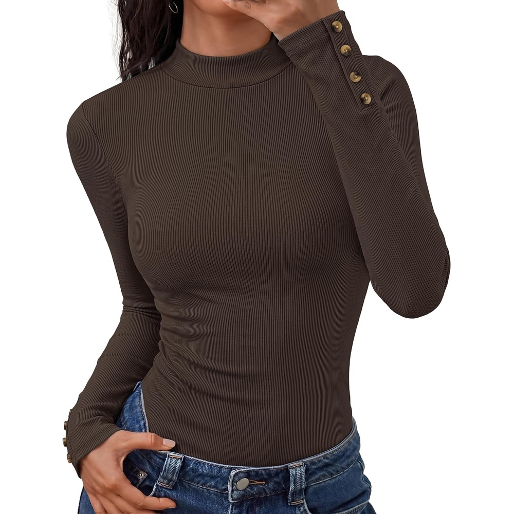 image:imageZESICA Womens Fall Long Sleeve Mock Neck Button Shirts Going Out Tops Decorative Buttons Lightweight Slim Fitted Business Casual Daily Date Work Office 2026 Basic Layering ClothingBrown