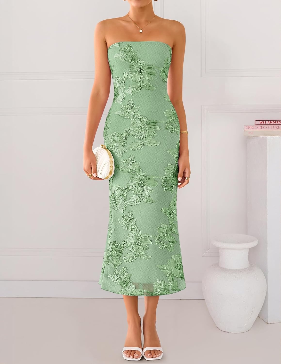 image:imageZESICA 2026 Summer Strapless Floral Cocktail Wedding Guest Dress for WomenGreen