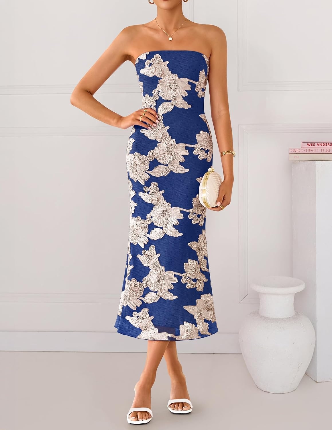 image:imageZESICA 2026 Summer Strapless Floral Cocktail Wedding Guest Dress for WomenRoyalblue