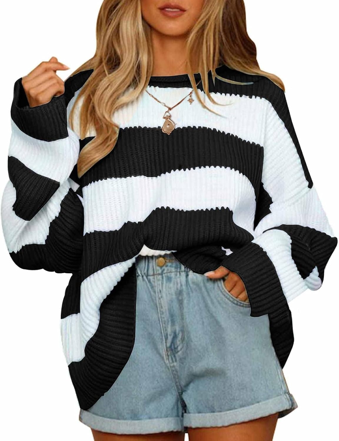 image:imageZESICA Womens Long Sleeve Oversized Striped Knitted SweatersBlackstriped