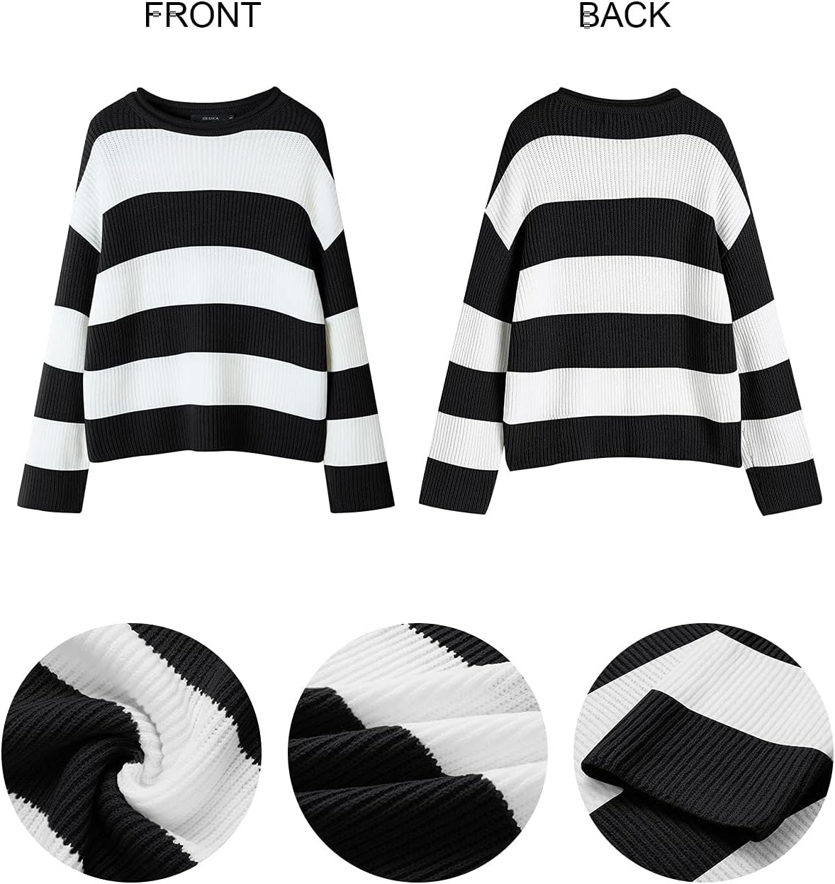 image:imageZESICA Womens Long Sleeve Oversized Striped Knitted SweatersBlackstriped