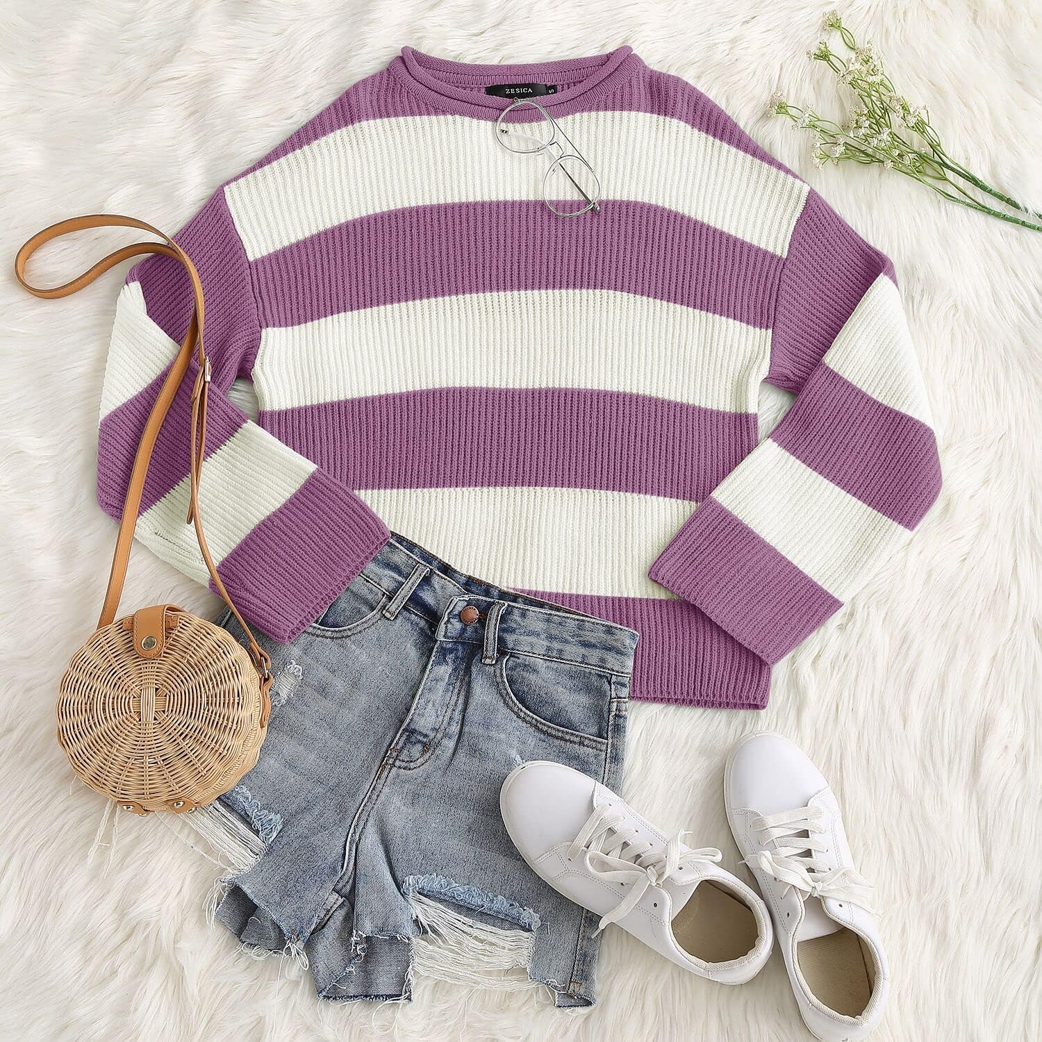 image:imageZESICA Womens Long Sleeve Oversized Striped Knitted SweatersPurple