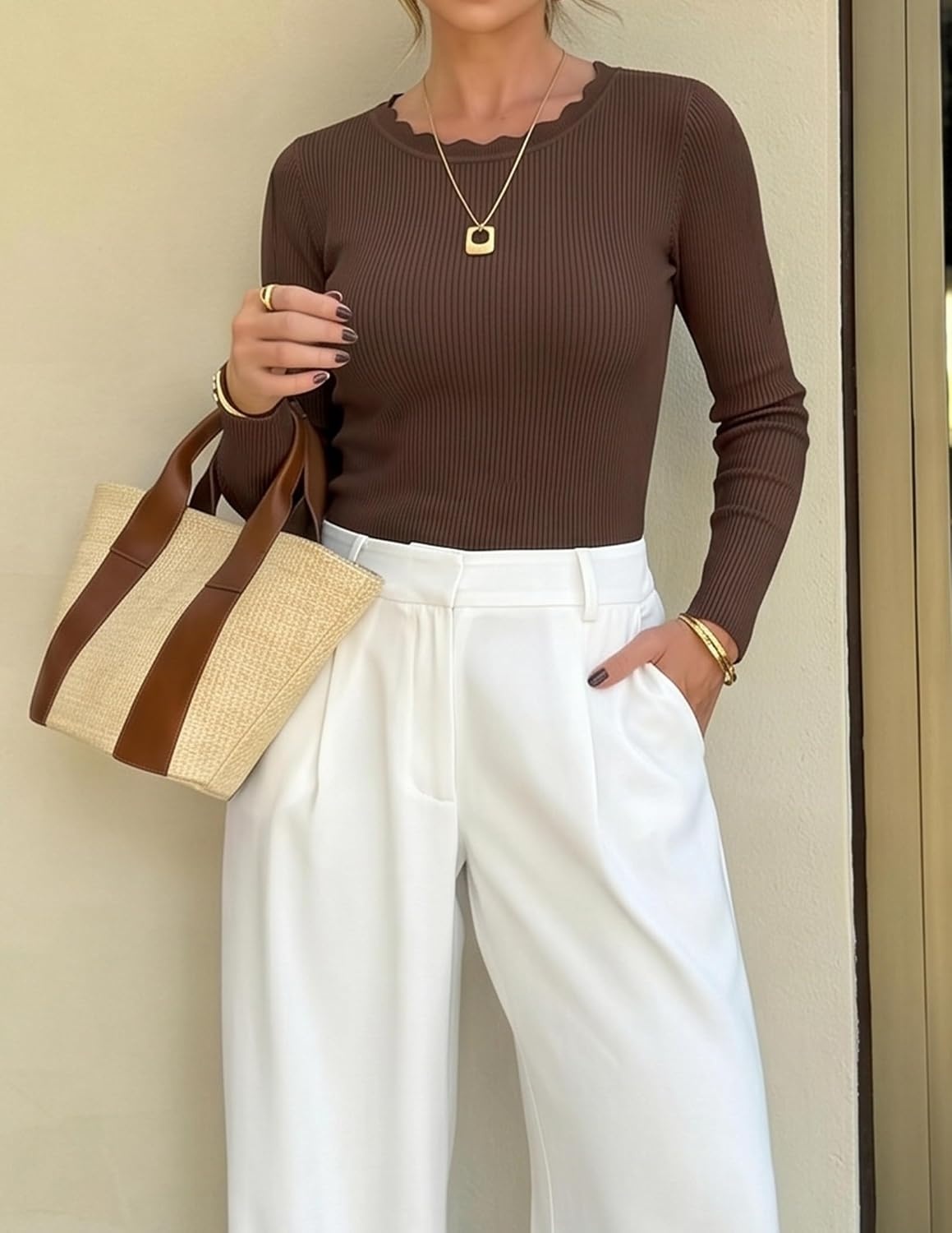 image:imageZESICA Womens Long Sleeve Ribbed Knit Fitted Sweaters TopsCoffee