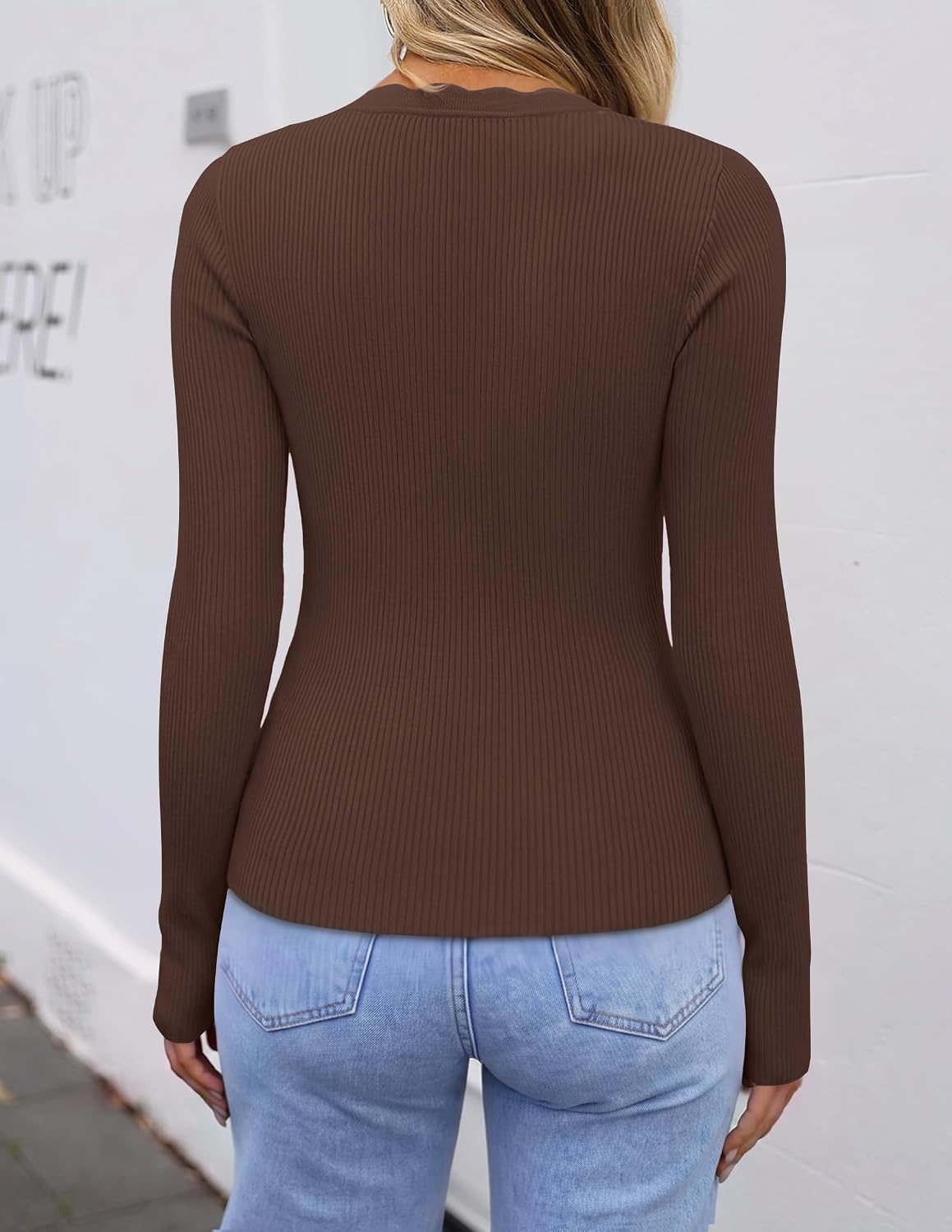 image:imageZESICA Womens Long Sleeve Ribbed Knit Fitted Sweaters TopsCoffee