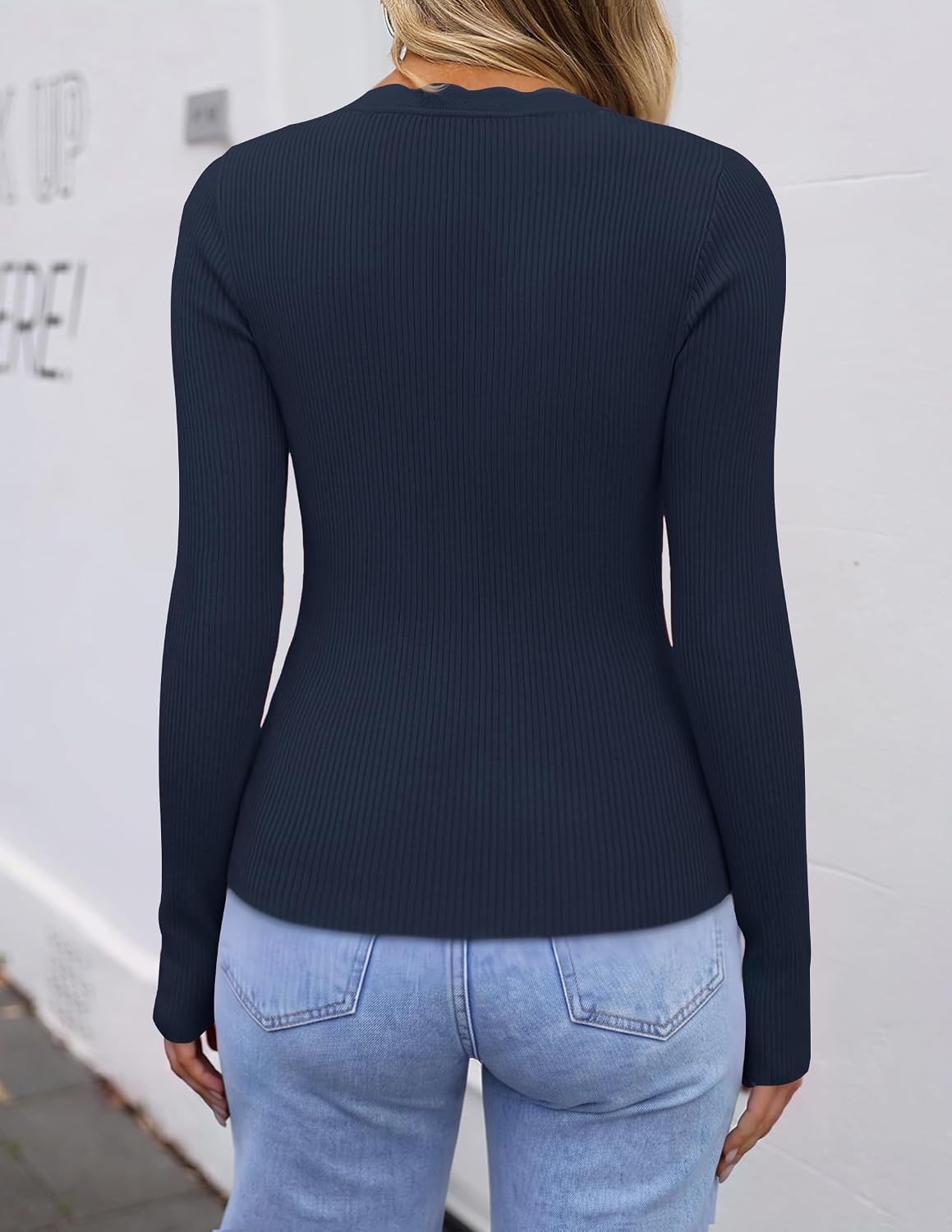 image:imageZESICA Womens Long Sleeve Ribbed Knit Fitted Sweaters TopsNavy