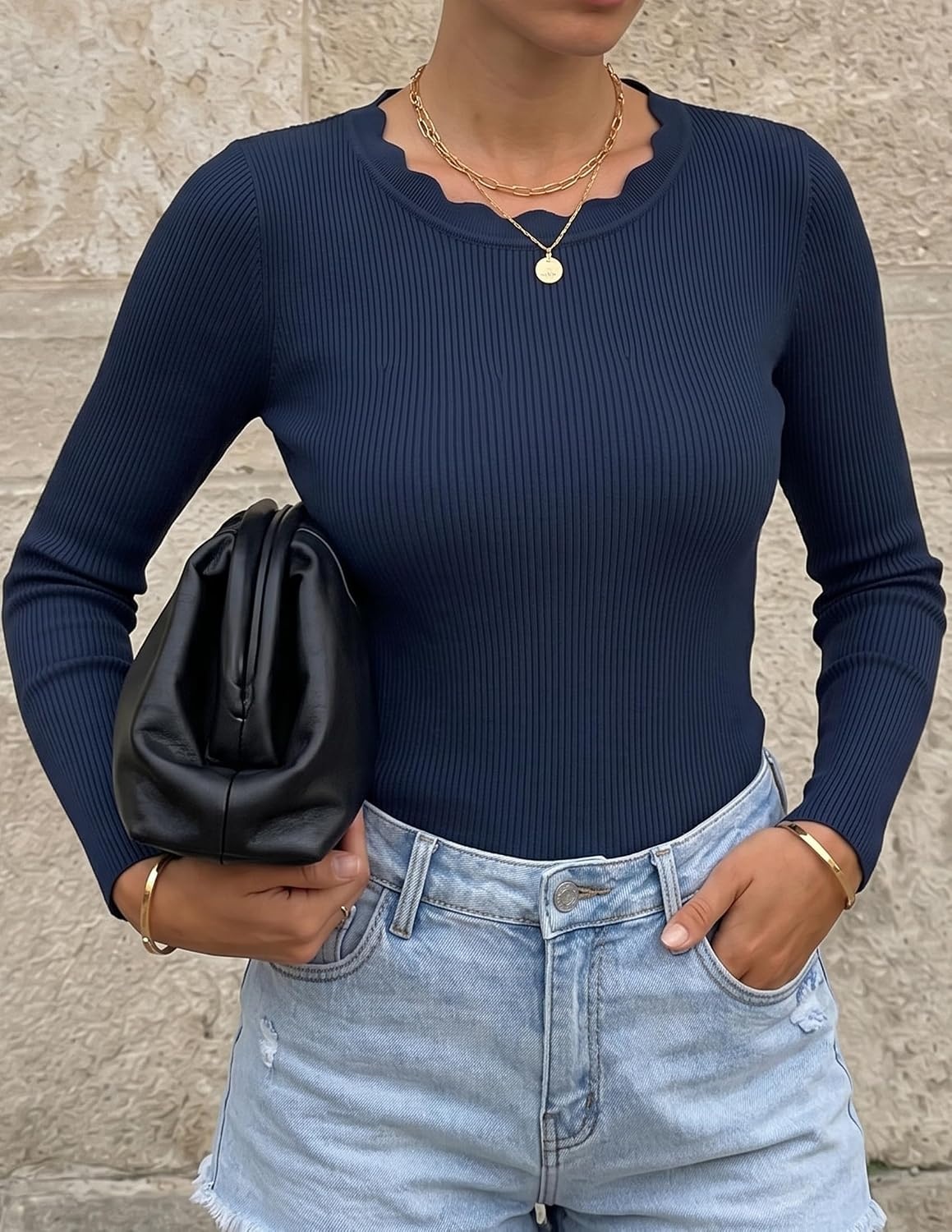 image:imageZESICA Womens Long Sleeve Ribbed Knit Fitted Sweaters TopsNavy