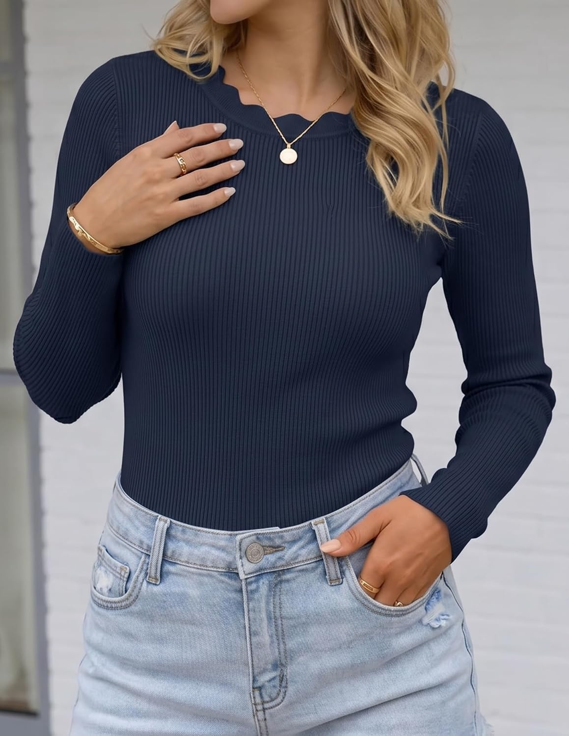 image:imageZESICA Womens Long Sleeve Ribbed Knit Fitted Sweaters TopsNavy