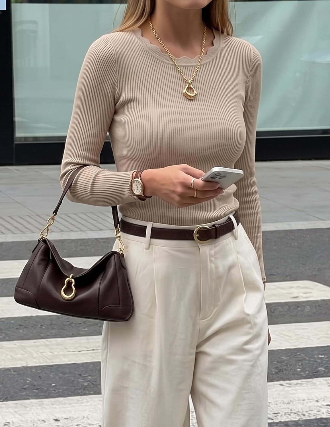 image:imageZESICA Womens Long Sleeve Ribbed Knit Fitted Sweaters TopsSand