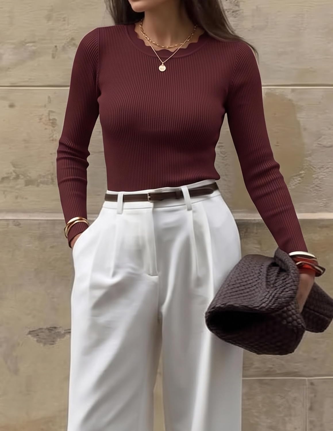image:imageZESICA Womens Long Sleeve Ribbed Knit Fitted Sweaters TopsWinered
