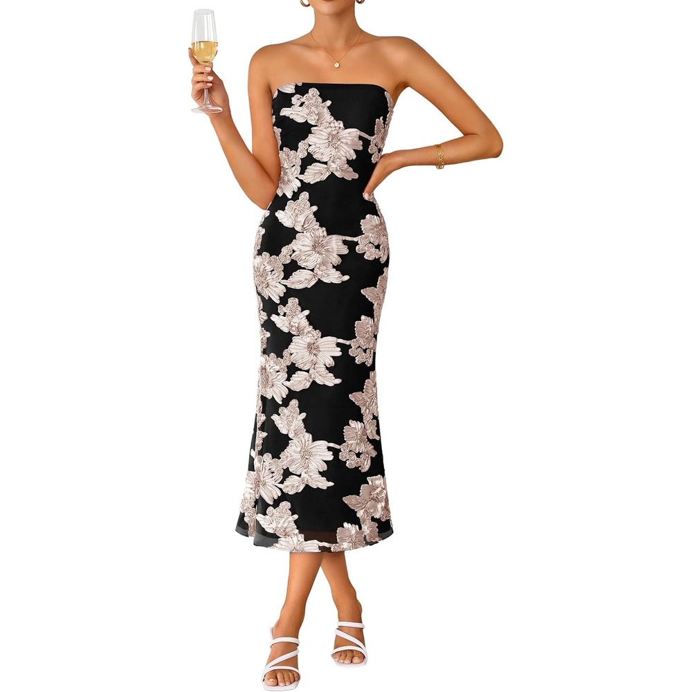 image:imageZESICA 2026 Summer Strapless Floral Cocktail Wedding Guest Dress for WomenBlack