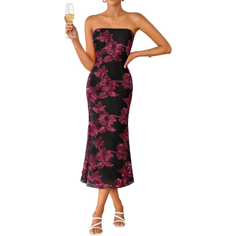 image:imageZESICA 2026 Summer Strapless Floral Cocktail Wedding Guest Dress for WomenBlackred